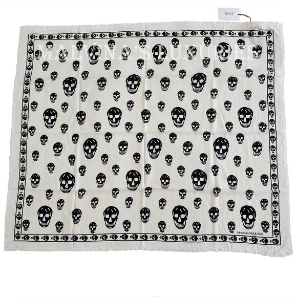 ALEXANDER MCQUEEN SCARF ICONIC SKULL PRINT IVORY WOOL FRINGE UNISEX - Picture 3 of 13